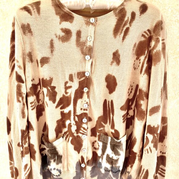 Lightweight Cream Cotton Cardigan with Silk Pockets & Abstract Design, Sz M - Picture 1 of 6